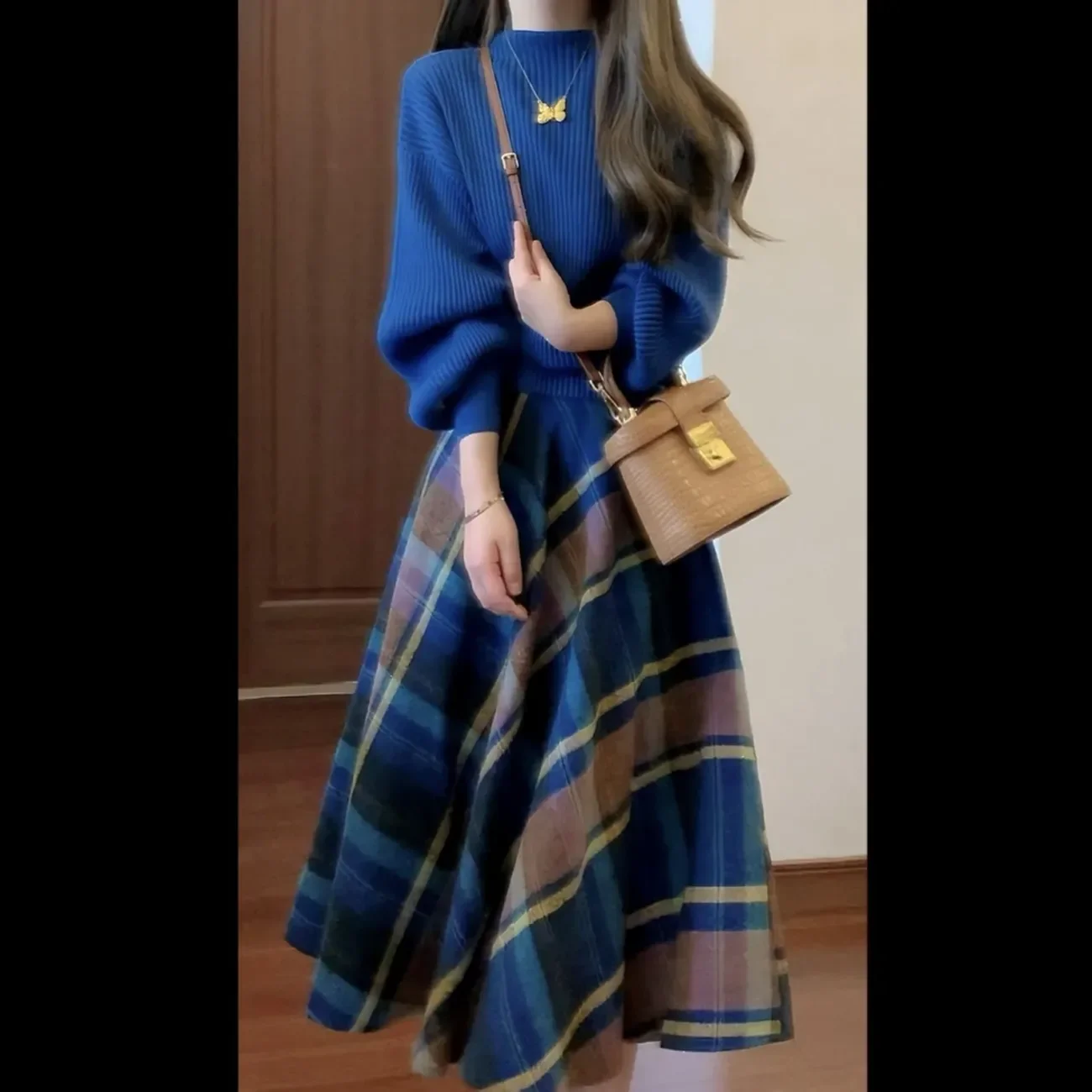 

Винтажный костюм в стиле Хепберн, женский весенне-осенний элегантный высококачественный свитер с воротником, клетчатая юбка, комплект из двух предметов