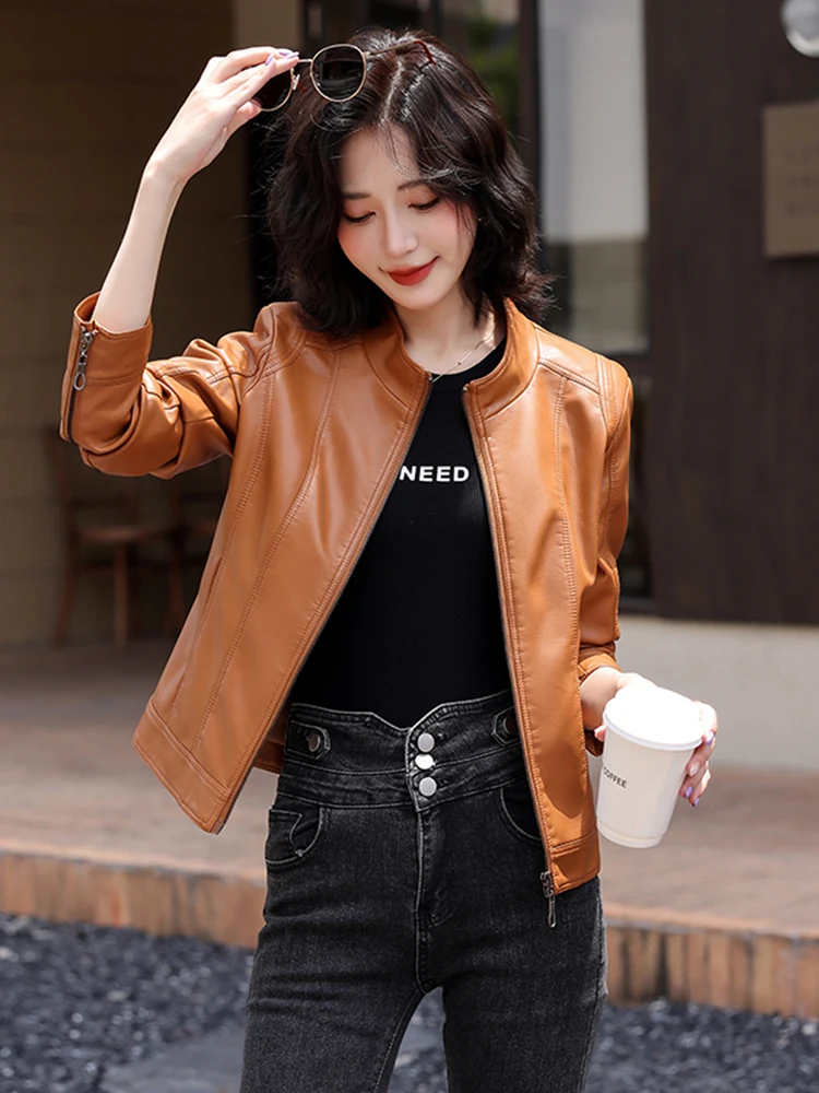   Chaqueta de Cuero Genuino Ning para Mujer, Diseño de Motocicleta, Corte Ajustado, Talla Pequeña, Primavera-Otoño 2025