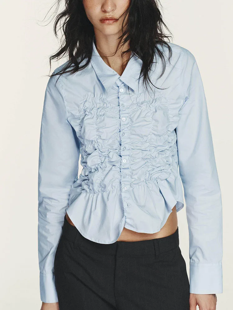 

High-End Long Sve Elastic Pleated antung irt Spring 2026 New Arrival Women's ort Outerwear Casual Faion