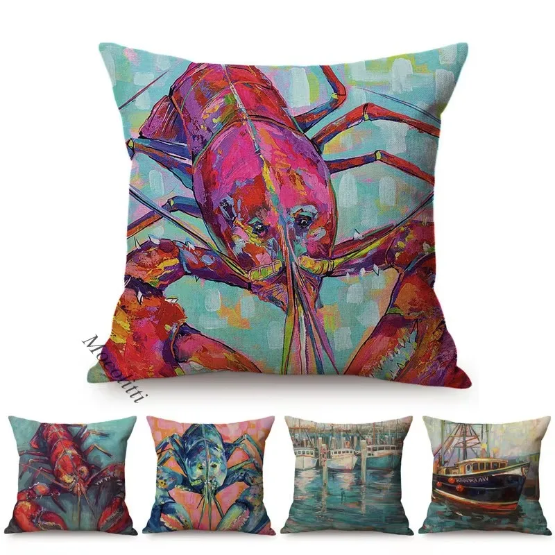 Lobster Vintage Oil Painting Cushion Cover Ocean Navigation Sailboat Style Home Decoration Linen Sofa Throw Pillow Case cojines