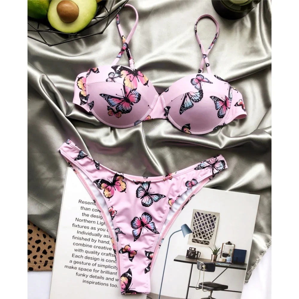 

Butterfly Bikini Push Up Bra Sling Swimsuit Padded Swimwear Two Piece Women Pink BeachWear Bathing Suits Bikinis Tanga Sexys Set