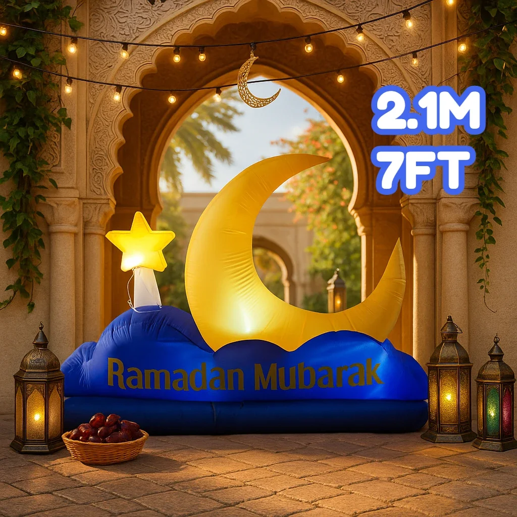 

Надувной декор для Рамадана: синий полумесяц и желтая звезда, 2,1 м/7 футов, украшение для исламских праздников, надувные элементы для двора.