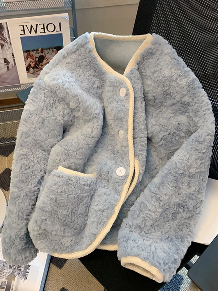 Blaue Lamm wolle Mäntel Frauen koreanische Mode Plüsch jacke weibliche adrette Stil süße Jacken Damen Winter verdicken warme Oberbekleidung