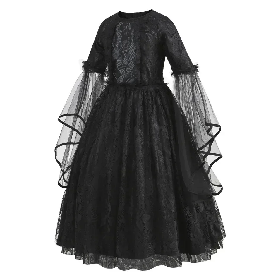 Mädchen-Kostümkleid Kinder Schwarzes Spitzen-Tüll-Cosplay-Kleid mit ausgestellten Ärmeln Gothisches Party-Rollenspiel-Outfit für Halloween-Karneval – Detail 6