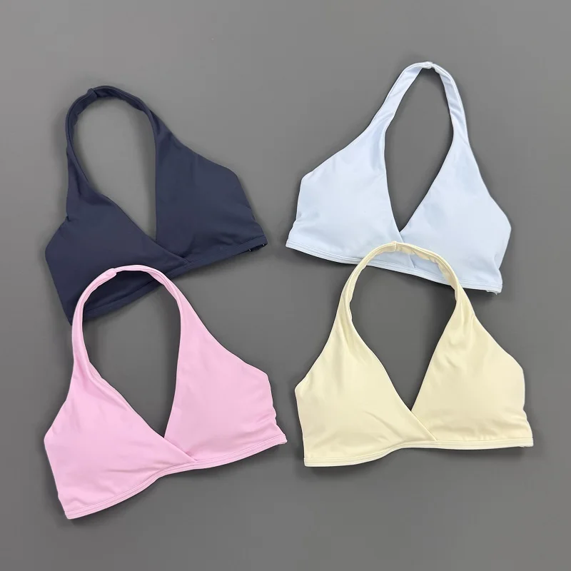 Gym Top Women Halter Neck Sports Bra Front Cross V‑Neck Padded Yoga Bra Soft High Elastic Breathable Workout Athletic Crop Top