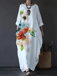 Vestido largo con estampado Floral para mujer, traje holgado de talla grande, color blanco, novedad de verano