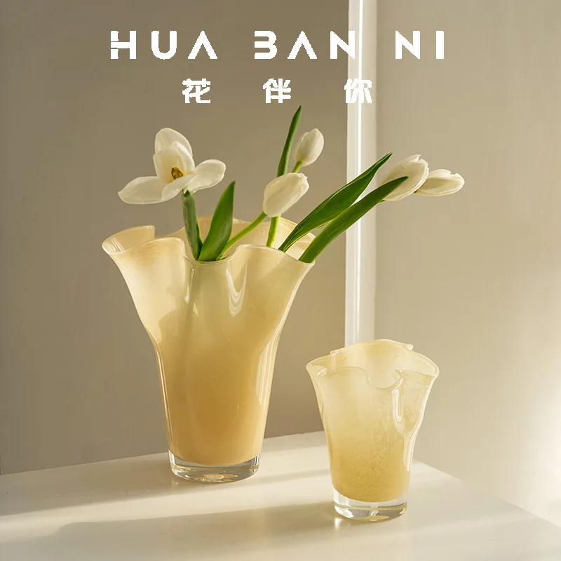 Vase Light Creative Nordic Pleated Handcrafted Wavy Mouth Cabbage Glass Vase Home Furnishing Soft Ornaments
