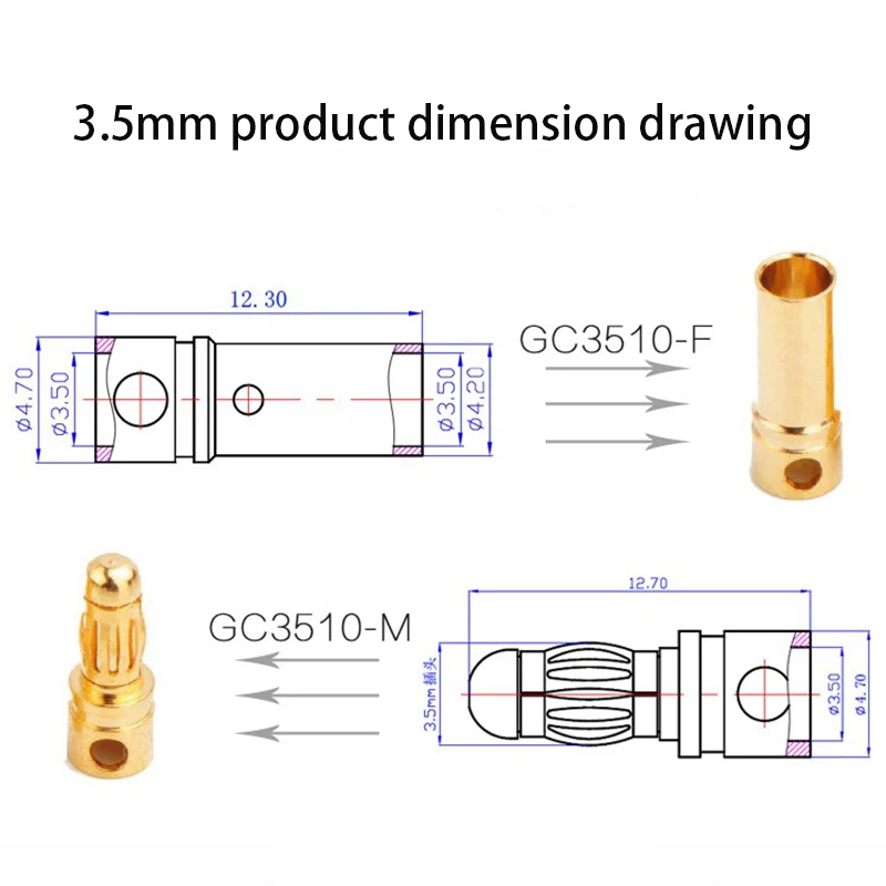 A10 peças de 5 pares Amass 2.0mm 3.0mm 3.5mm 4.0mm 5.5mm bala de ouro banana conectores 6.0mm 8.0mm plugues para conexão de bateria