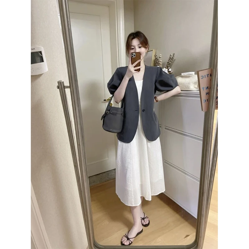 

ay Bubble Sve Suit Jaet Women's Loose Outerwear ort Sve Open Cardigan Korean High-End Sle Summer Elegance