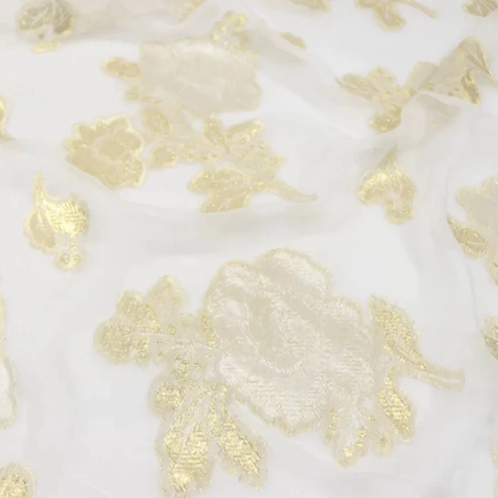 High Quality Special White Base Golden Floral Design Good Texture Shiny Luxury Silk Metallic Fabric for Women Nice Dress Garment
