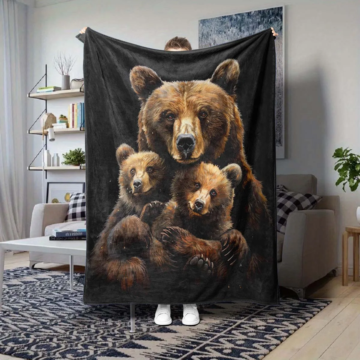 Adorable Bear Family Photo Throw Blanket Plush Decor Cozy Gift Fleece Wrap for Sofa Couch Winter Home Decor Wildlife Print