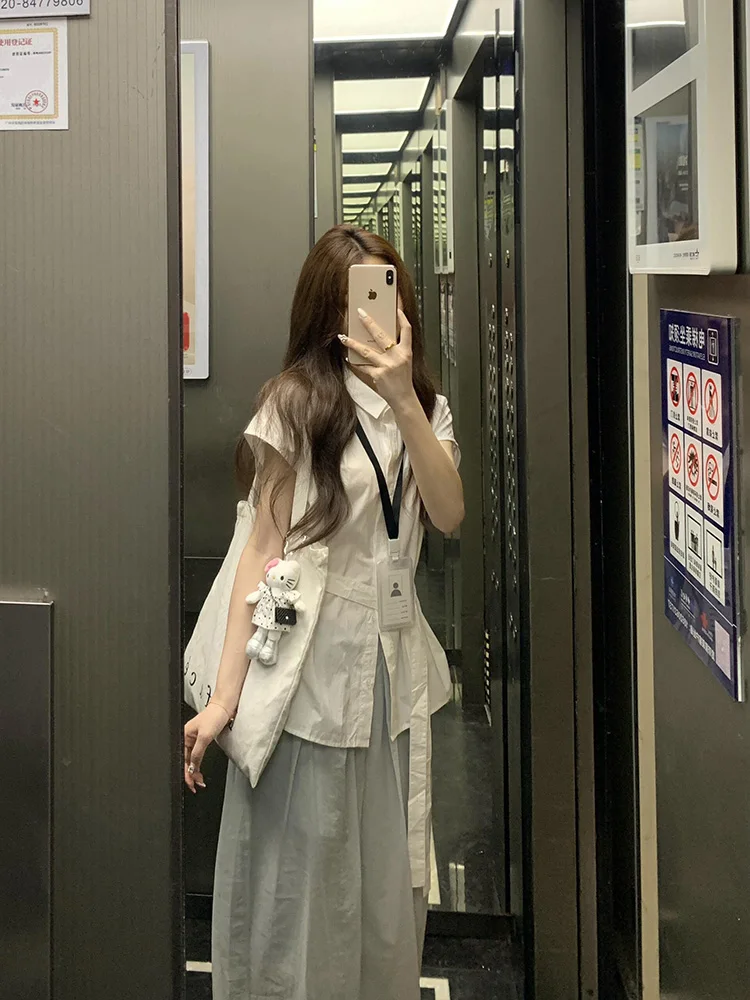 เสื้อผ้าสไตล์เกาหลี รุ่น Sle Ne Ribbon สีขาว หรือ Sve irt สำหรับผู้หญิง ฤดูร้อน ช่วยกระชับเอว ดีไซน์เรียบง่าย เข้าได้กับทุกชุด