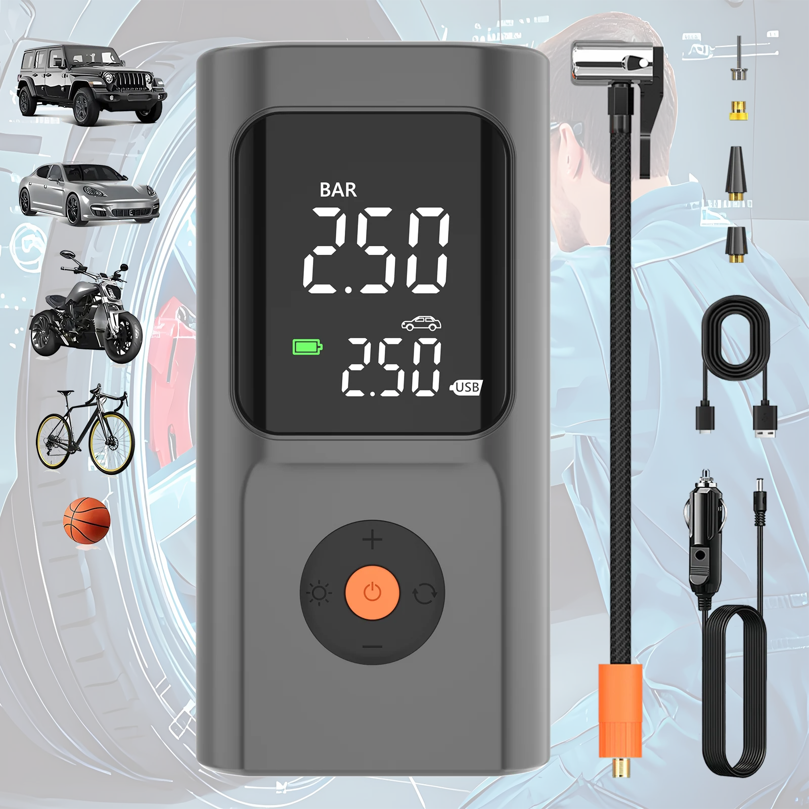 

Портативный компрессор для подкачки шин с цифровым манометром, LED-подсветкой и функцией автоматического отключения