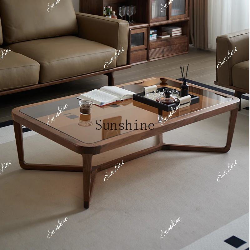 

Simple and modern small apartment glass coffee table, living room, black walnutP