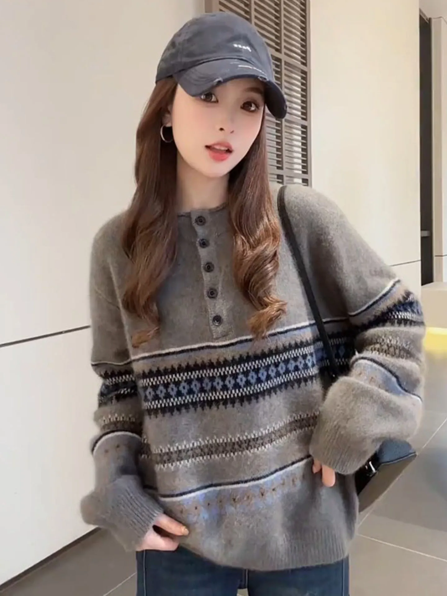 

Faionable Fair Isle Knitwear Set Women's round Ne Long Sve Tonal Color Blo Embroidery Design Spring Commute Sle