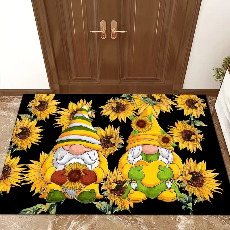 Sunflower Gnome Couple Decorative Doormat Cute Faceless Dwarf Pattern Floor Rug Spring Summer Art Entryway Carpet