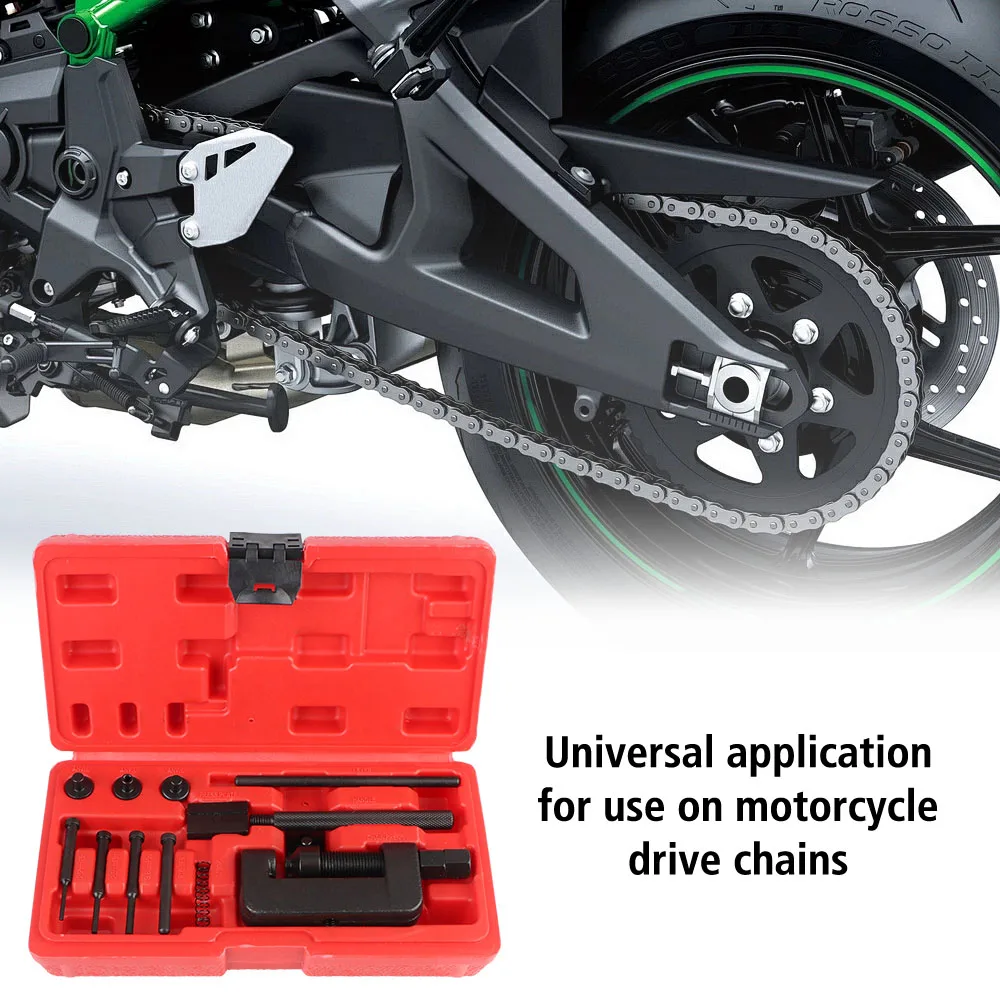 Motocicleta Cam Drive Chain Breaker com caixa vermelha, Riveting Repair Tool Kit, Splitter Link Riveter Set, Heavy Duty, 13Pcs