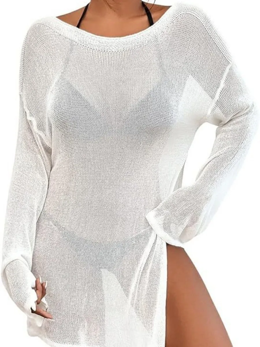 Women's Transparent Top Long Sleeve Casual Coverup Swimsuit Beach Coverup Crochet Beach Top Sexy Mesh Summer Outfit New 2024