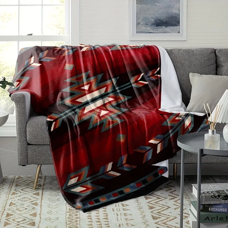 Bohemian-Inspired Red Geometric Pattern Flannel Throw Blanket - Soft Reversible & Durable for All Seasons Perfect for Couch