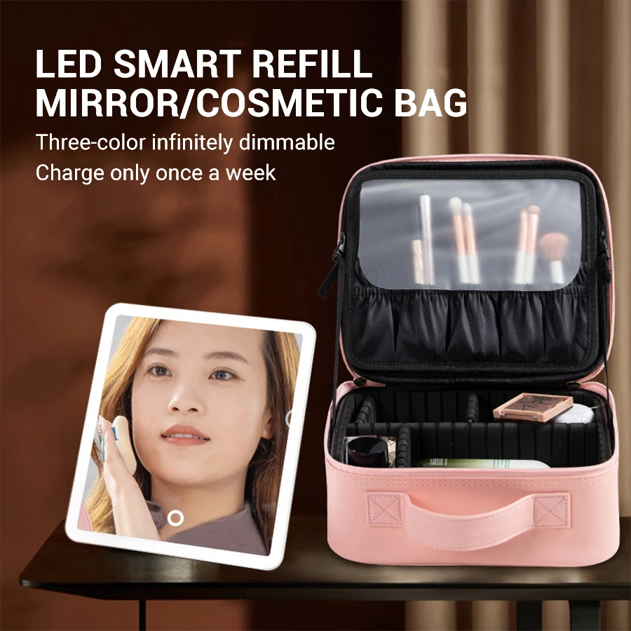 

Heinast New LED Mirror Makeup Lighted Cosmetic Case with Mirror Waterproof PU Leather Portable Travel Makeup Storage Bags