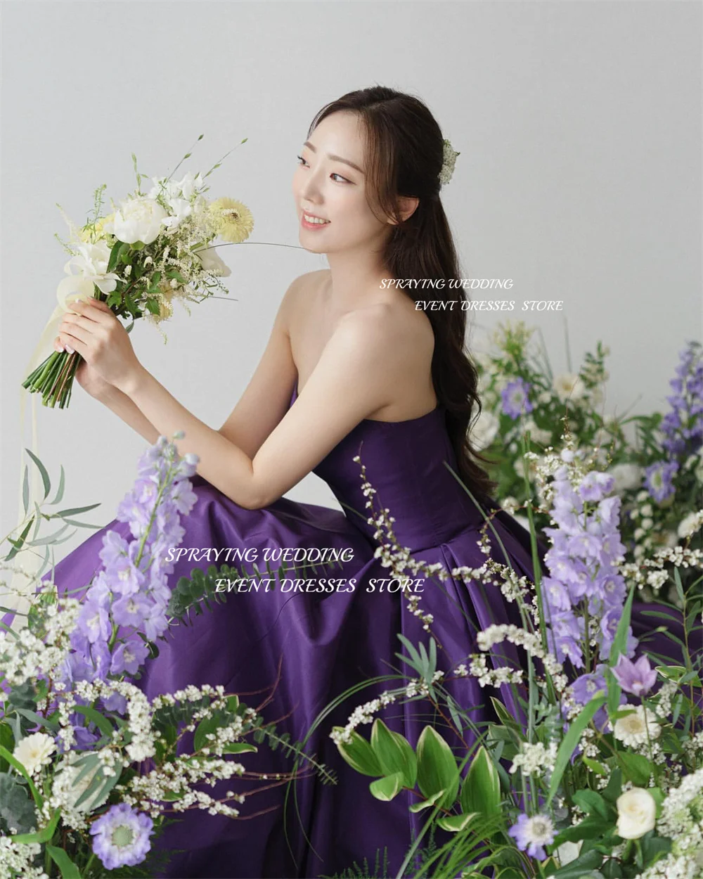 SPRAYING Simple Strapless Purple Corset Back Sleeveless 2024 Wedding Dresses Satin Korea Shoot Long Bridal Gown 웨딩드레스 Prom Dress