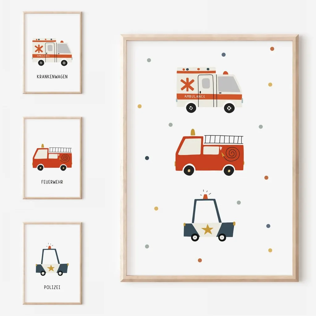 Sin marco, pintura en lienzo con alfabeto de vehículos coloridos, póster encantador de dibujos animados, bomberos, policía, ambulancia, impresiones artísticas de pared para habitación de bebé