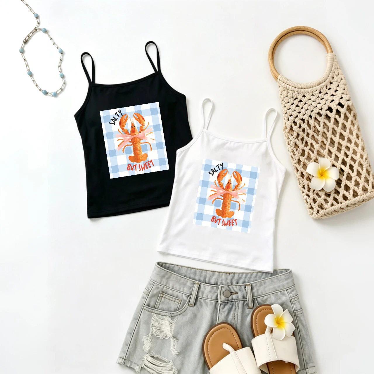 Vintage Checkered Lobster Print Spaghetti Strap Tank Tops Y2K Streetwear Sleeveless Camisole Holiday Slim Fit Cami Vest