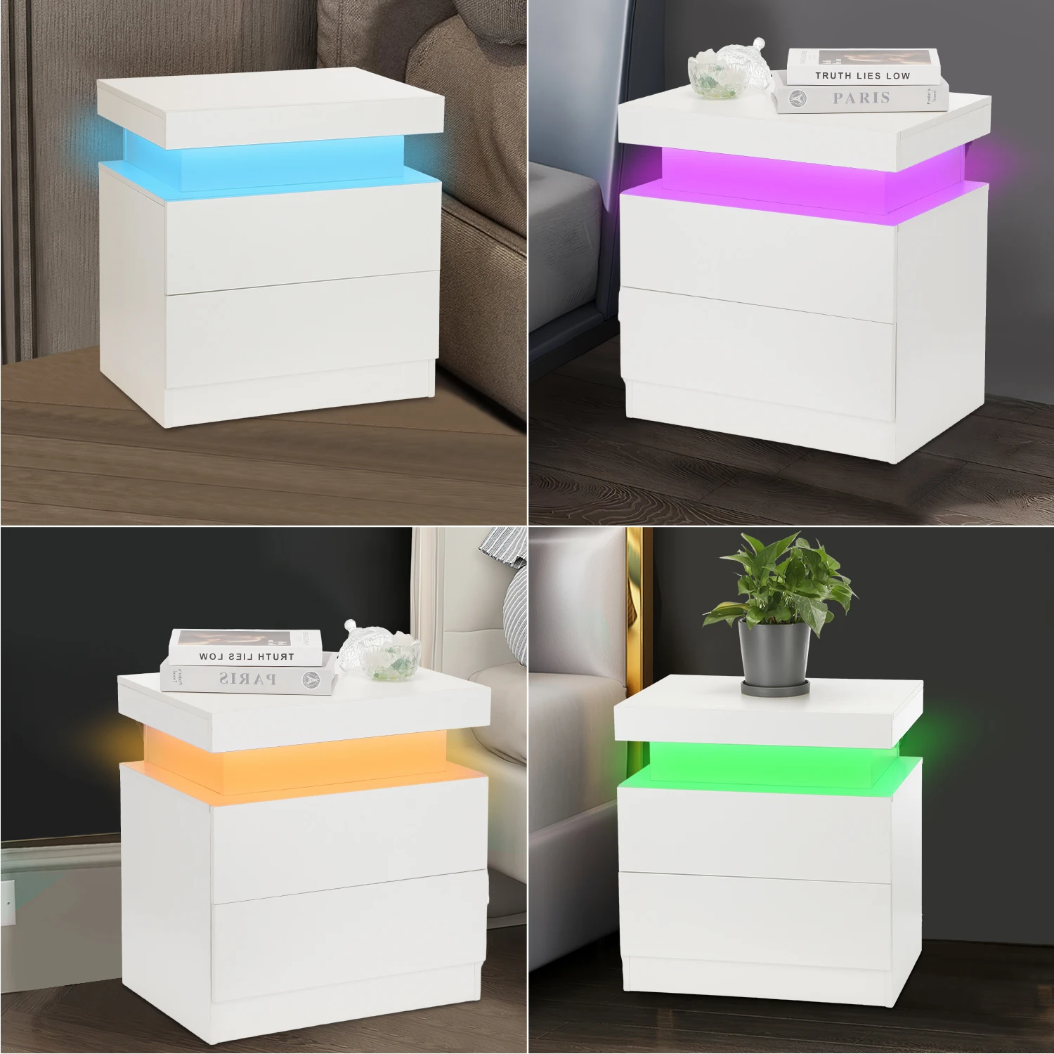 Nachttisch Weiß mit LED Licht, 2 Schubladen und Hochglanz Kommode Nachttisch Nachtschrank Tisch für