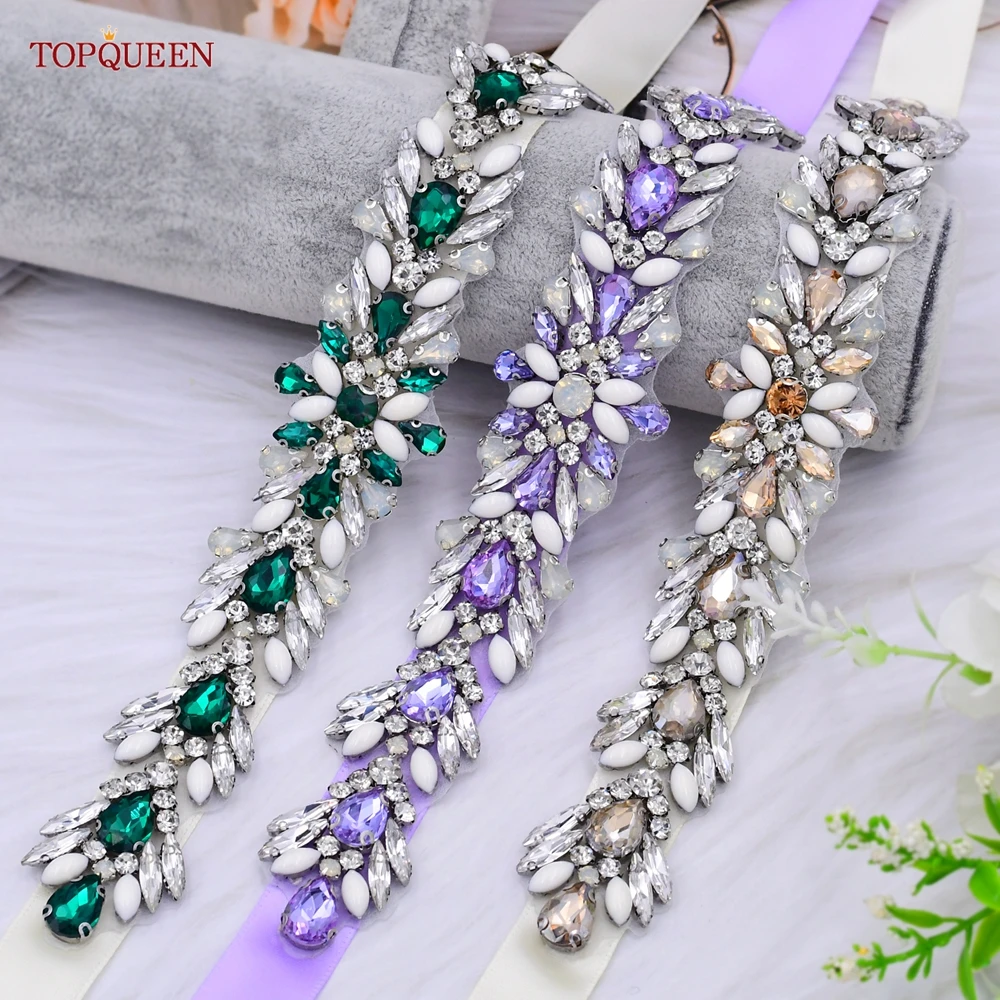 TOPQUEEN S476 Purple Bridal Gown Belts Bling Prom Colorful Rhinestone Applique for wedding Dress Gown Decorative Satin Sashes