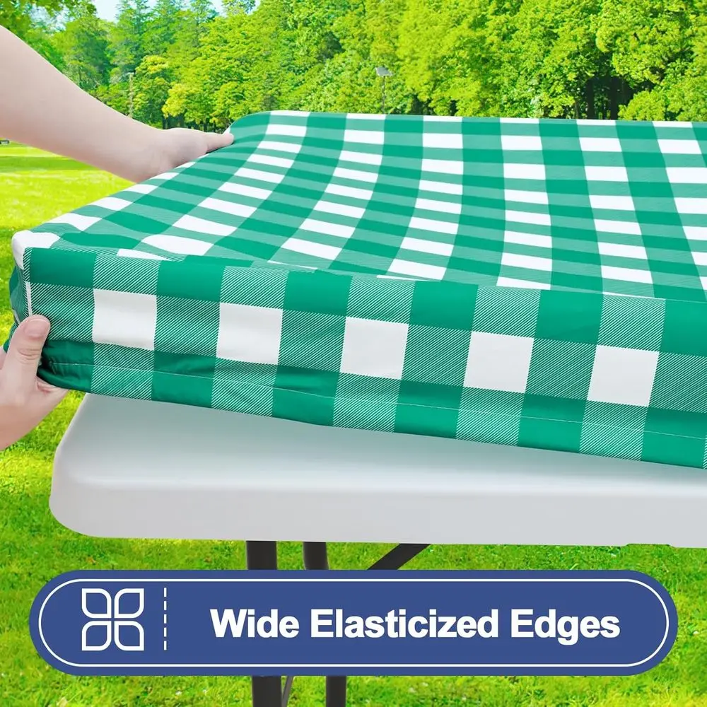 Picnic Table Cover with Bench Covers, Waterproof Elastic Fitted Tablecloths for 6 Foot Rectangular Tables, Washable Plaid Tablec
