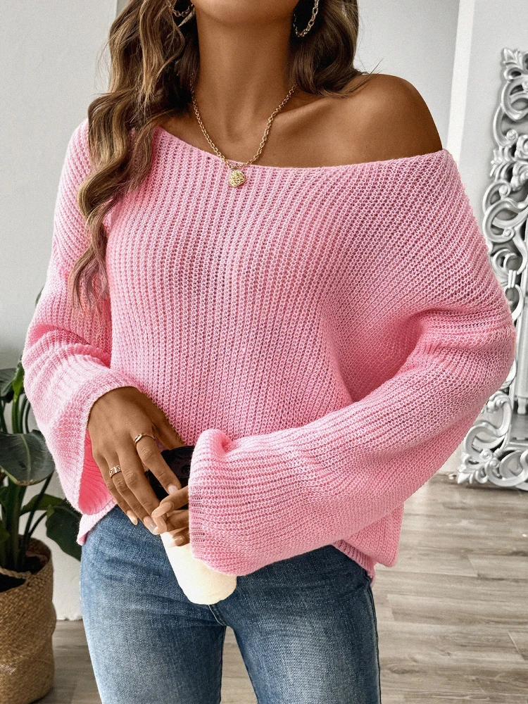 2026 Autumn Winter Women Pink Solid Long Sleeve Knitted Sweater Loose Boat Neck Pullover Casual Off Shoulder Fashionable Outfit