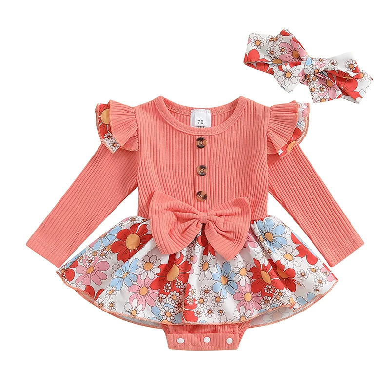 Newborn Girl Outfit Long Sleeve Crew Neck Flower Print A-line Romper Dress with Headband Clothes