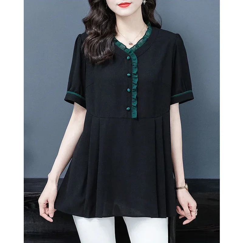 Summer New Oversized Ruffles Spliced Casual Shirt Lady Short Sleeve V-neck Loose All-match Pullover Tops Women's Elegant Blouse
