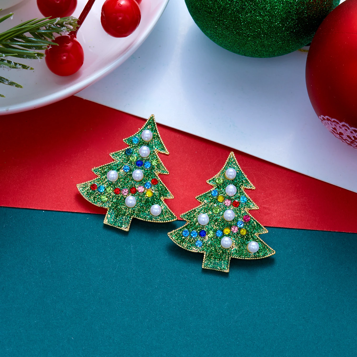 Green Glitter Christmas Tree Stud Earrings For Women Multicolor Rhinestone Imitation Pearl Xmas Tree Earring Holiday Jewelry