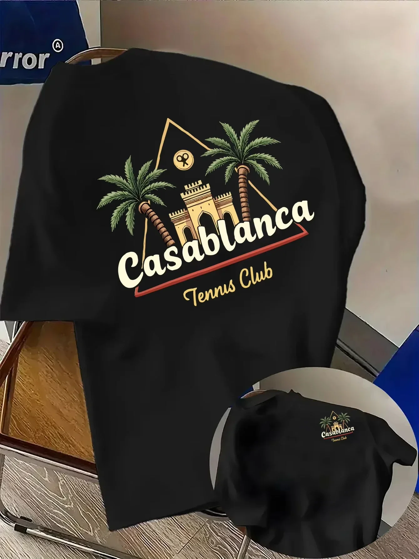 Men's and women's 100% cotton T-shirt with palm tree and Moroccan architectural print round neck casual sports summer style