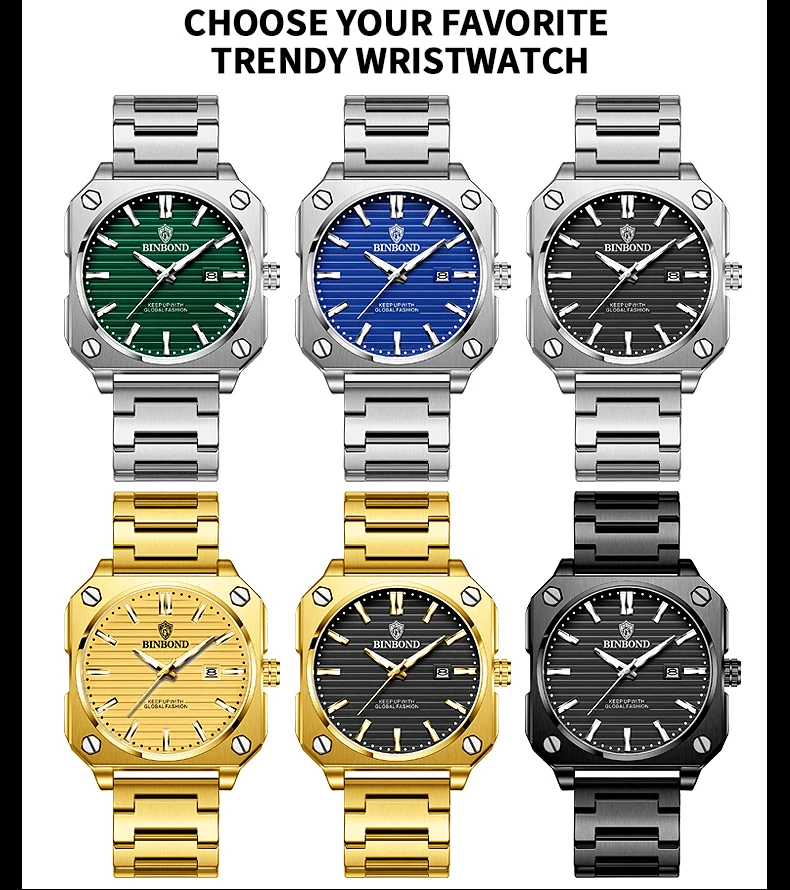 빈본드 B570 고급 사각 비즈니스 남성용 쿼츠 시계 30M 방수 야광 캘린더 스테인리스 스틸 스트랩 패션 남성 시계