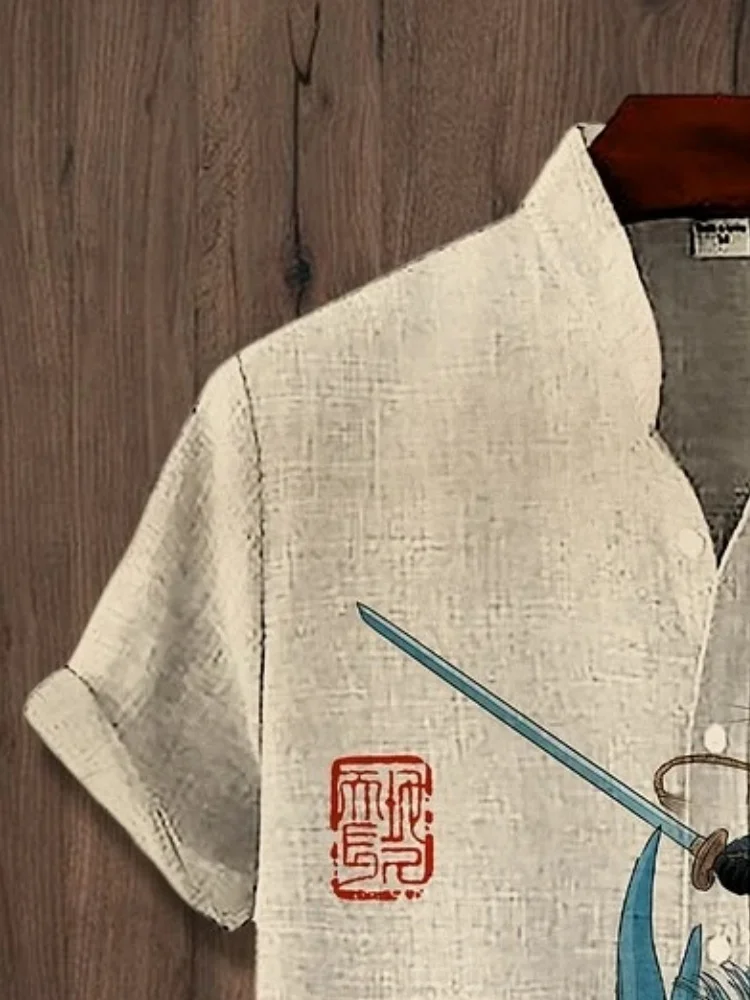 Men's Samurai Cat And Dragon Art Print Casual Shirt Hawaiian Short Sleeve Funny Summer Holiday Shirts Japanese Style Y2K Harajuk