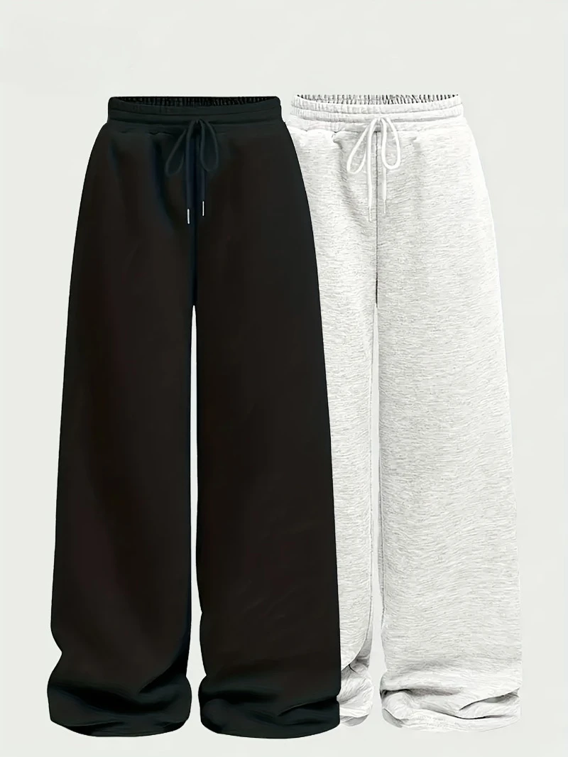 

2025 New Women's Fashion Solid Color Elastic Waist Wide-Leg Pants with Pockets, Comfortable Casual Outfit for Autumn Winter