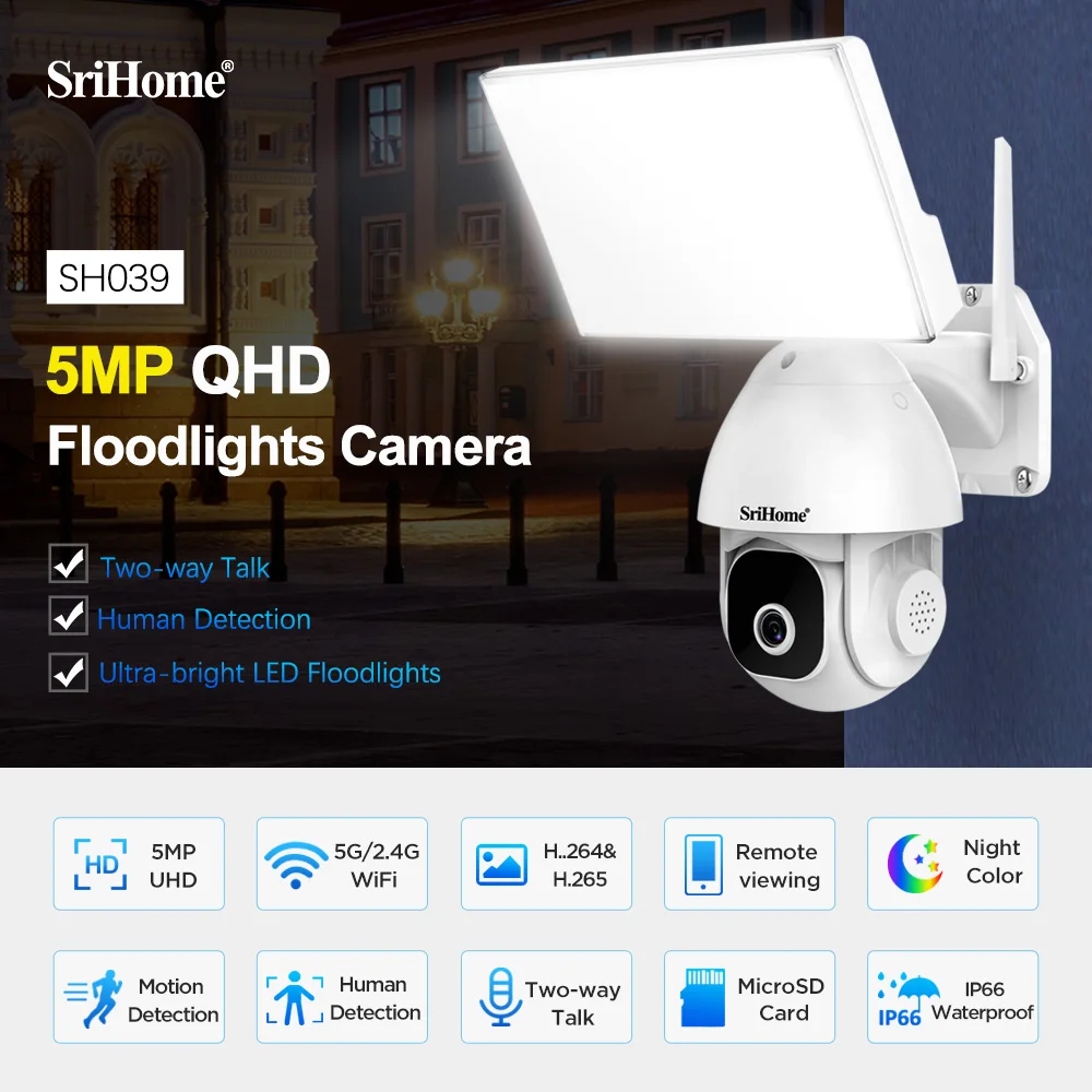 srihome-屋外ipカメラビデオ監視投光器庭のセキュリティ保護cctvシステム5mpsh039wi-fi