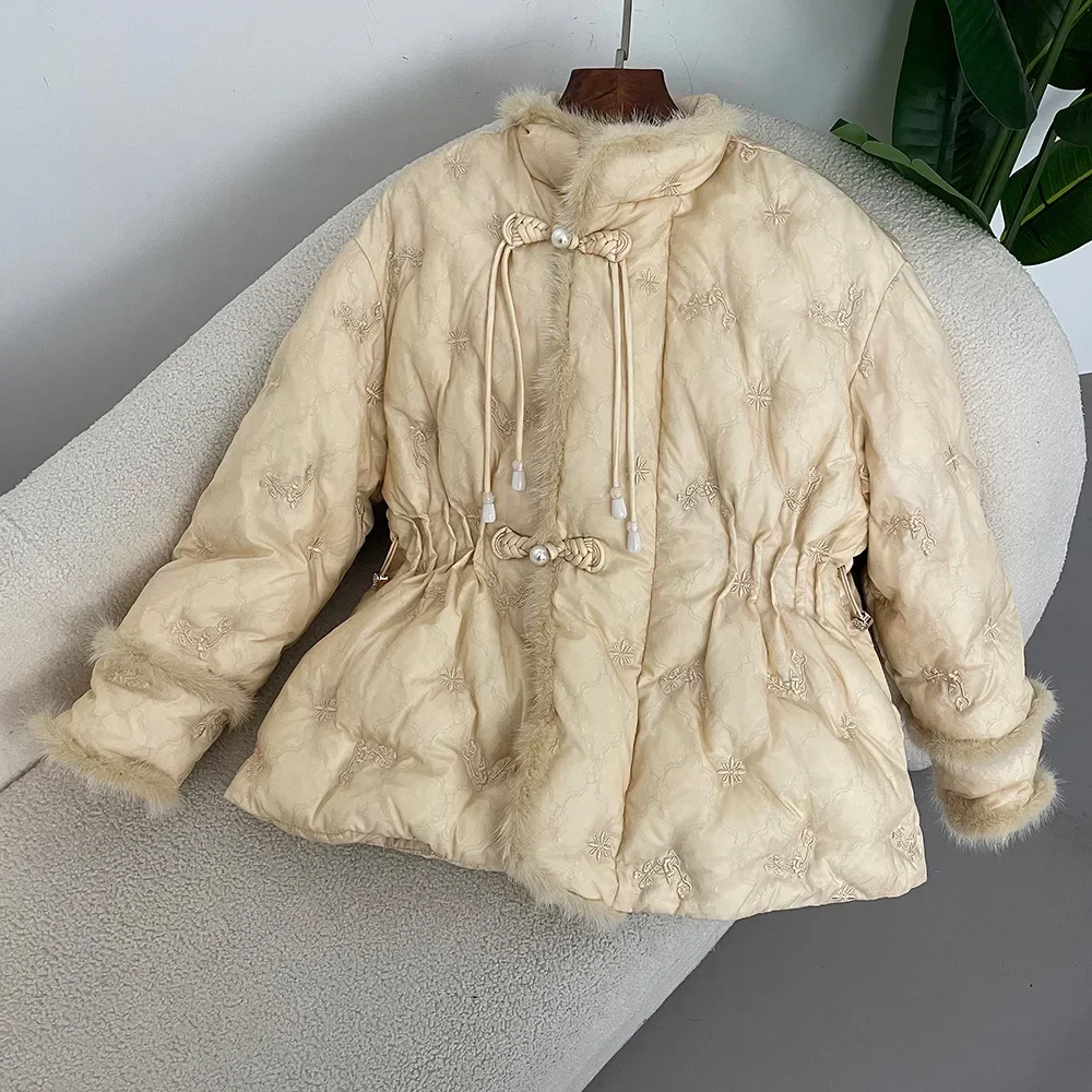 Puffer Jacket Autumn Winter Mink Fur Spliced Embroidered Short Jacket Thickened Warm 90% White Duck Down Jacket Women