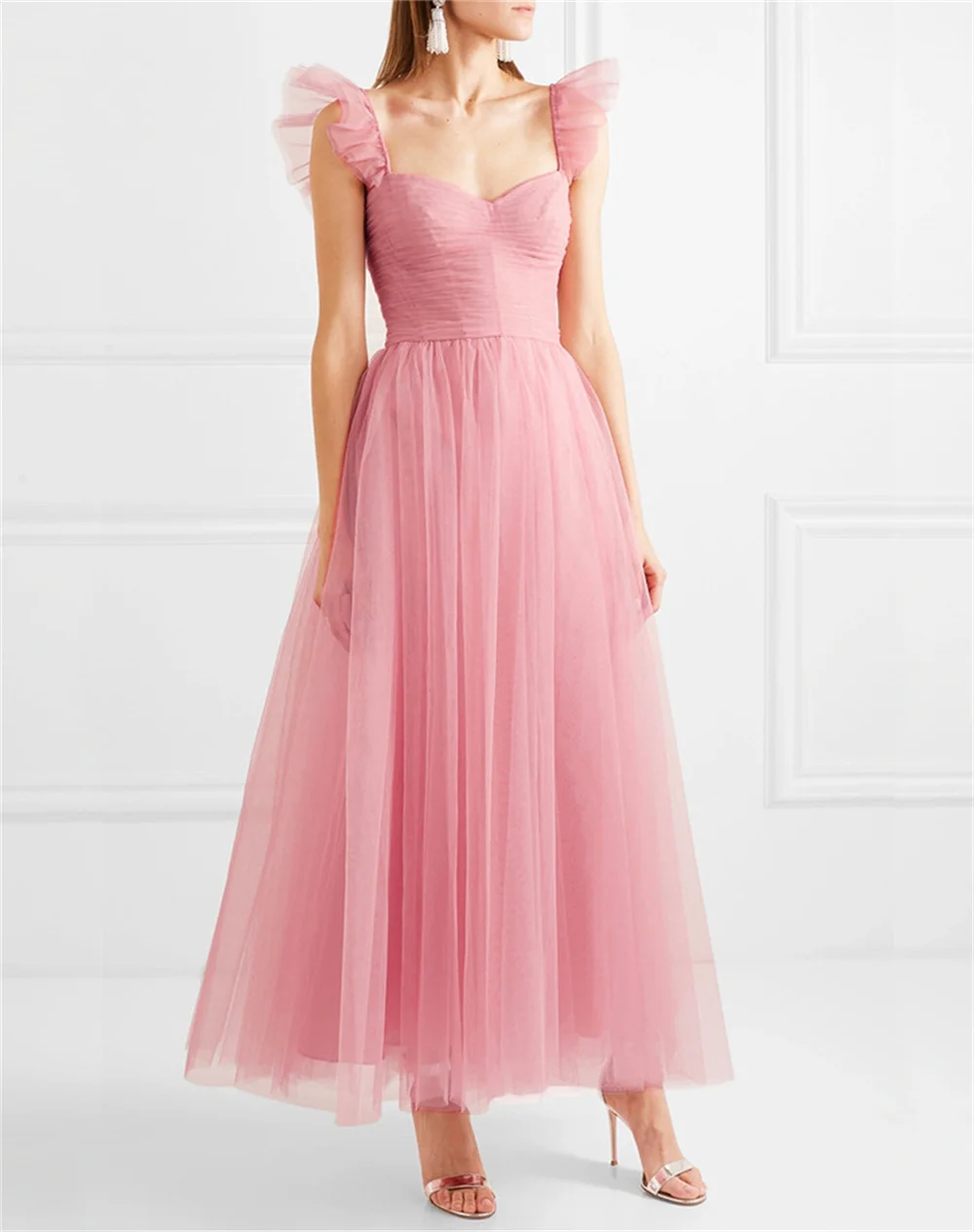 Pink Women V Neck Long Party Dresses 2023 New Sexy Tulle Ruffles Maxi Ball Gowns Female Formal Wedding Bridesmaid Dress