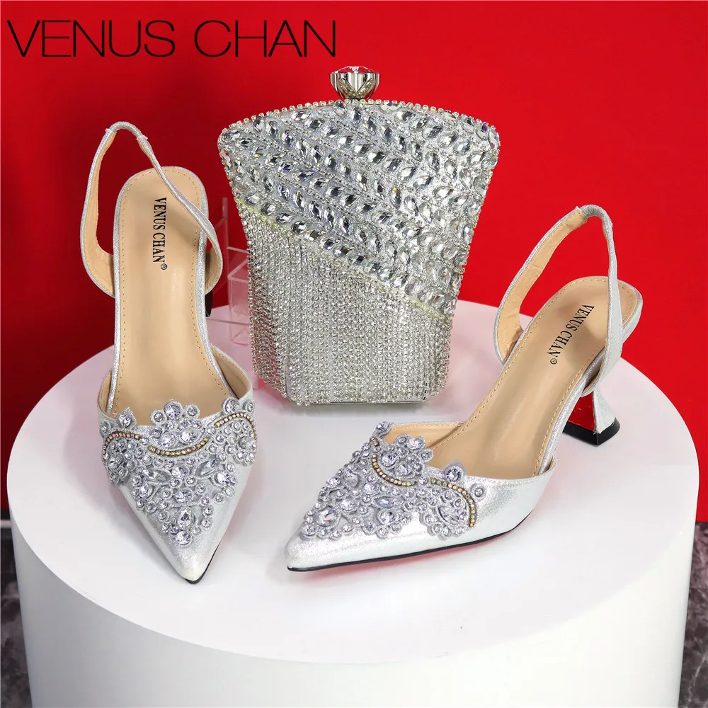 Pointed Top New Hot Selling High Quality Peep Toe Crystal Design Shoes and Bag Set For Party Women in Silver Color