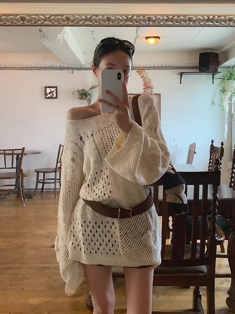 

Шикарный винтажный женский вязаный топ Long Sve с полым дизайном и наклонным воротником белого цвета, модный комбинезон для поездок на работу