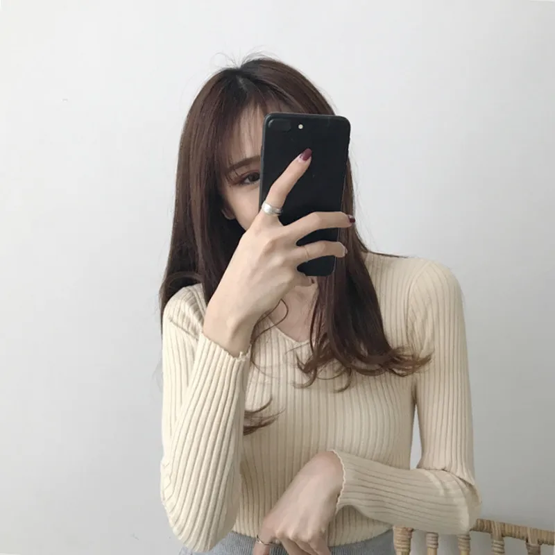 

Chic V-Ne Knitwear Long Sve Women's Slim Fit Pullover Faionable Autumn Top Elastic Super Slimming Base irt Sweater