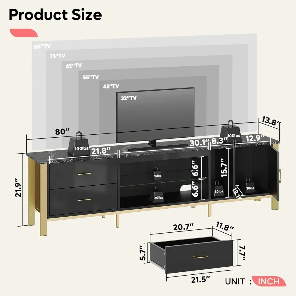 TV Stand for 75/80/85 Inch TV, LED Gaming Entertainment Center, Modern TV Cabinet with Glass Shelves for Living Room