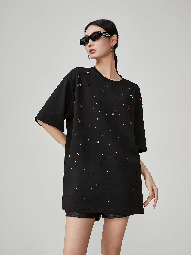 

Bla Heavy-Du Beaded ort-Sve T-irt Dr Women's Loose Casual Straight Korean Sle Spring Summer New Arrival