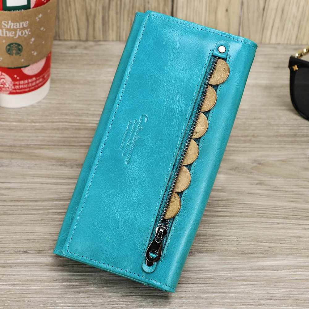 Contact\'s HOT Genuine Leather Wallet Women Card Holder Wallets for Women Long Style Coin Purse Female Clutch Bag Portfel Damski