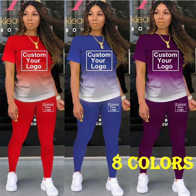 Women's Casual Sports DIY printed T-shirt and pants set two-piece sportswear jogging suit customize your logo 8 Colors