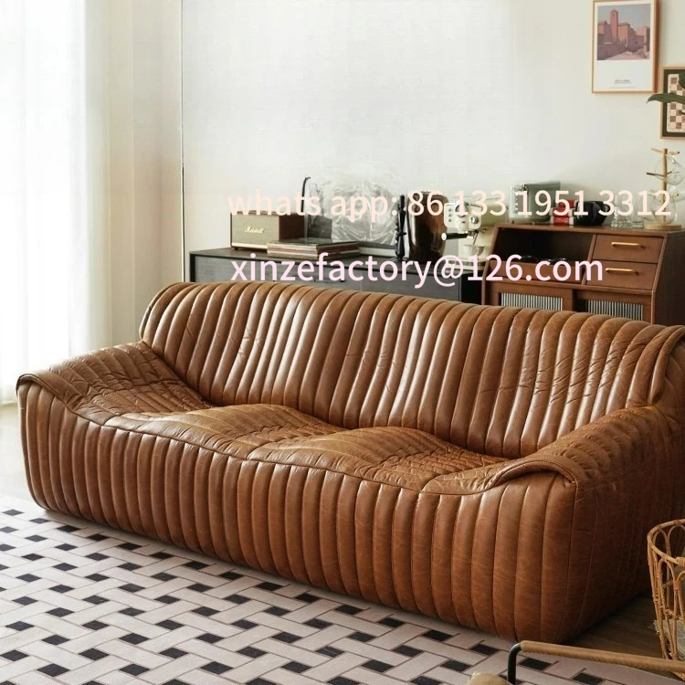 

Medieval leather sofa Wave sofa American oil wax leather designer straight row three-person retro leather sofa