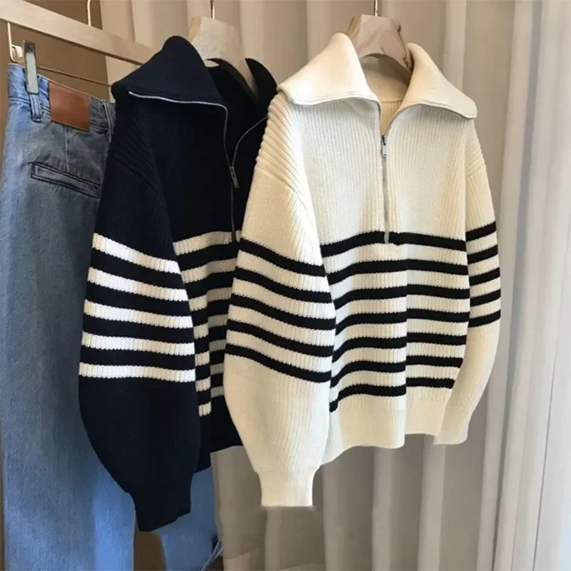 Autumn Winter Women\'s Sweaters Zipper White Black Striped Knitted Pullovers Korean Turndown Collar Oversized Sweater Women